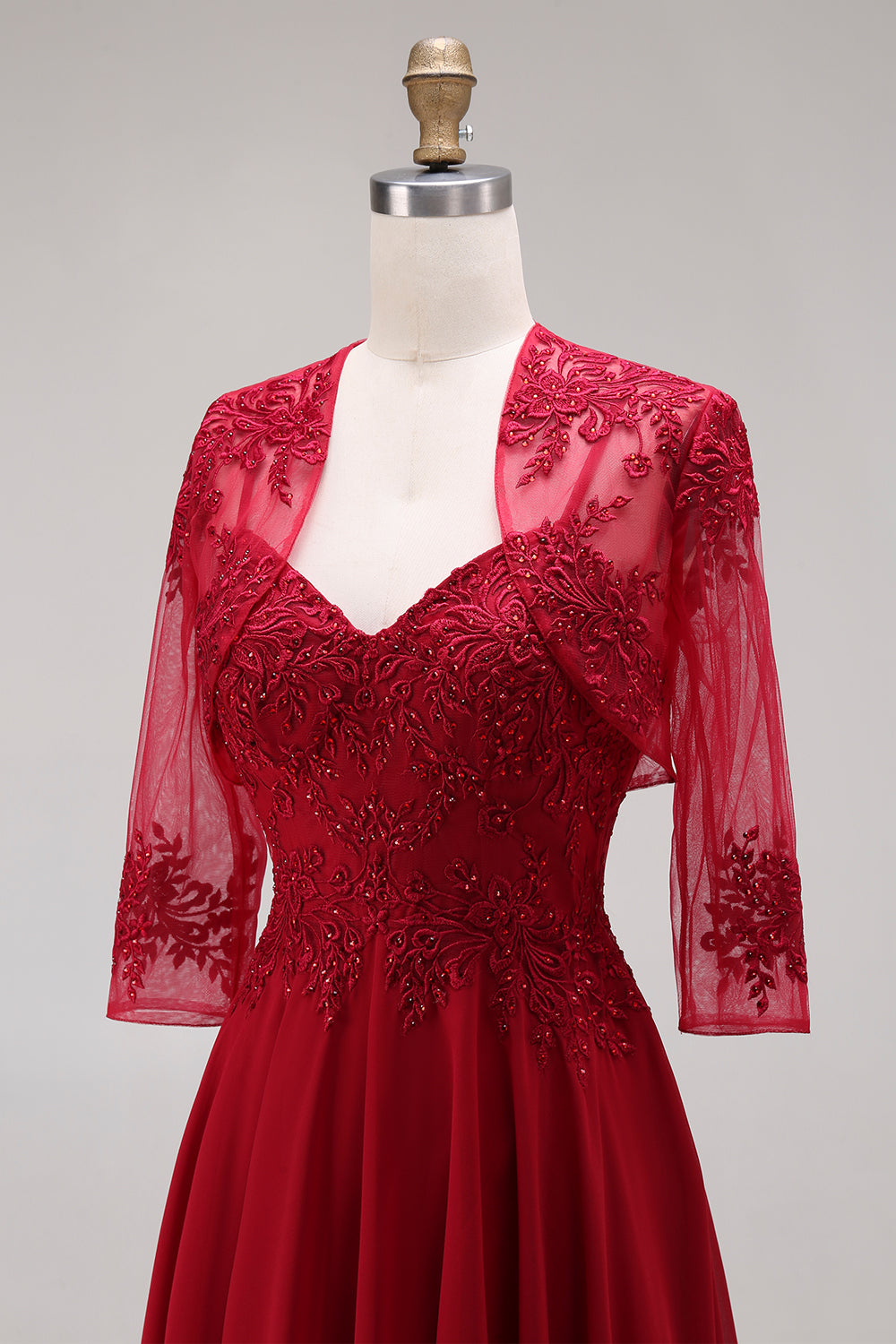 Appliqued Burgundy A Line Floral Long Mother of the Bride Dress with Jacket