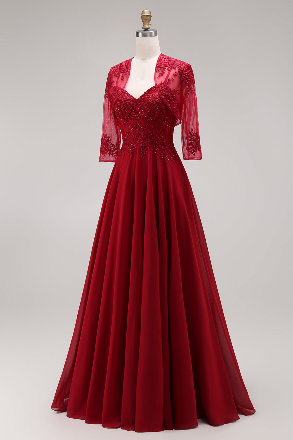 Appliqued Burgundy A Line Floral Long Mother of the Bride Dress with Jacket