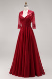 Appliqued Burgundy A Line Floral Long Mother of the Bride Dress with Jacket