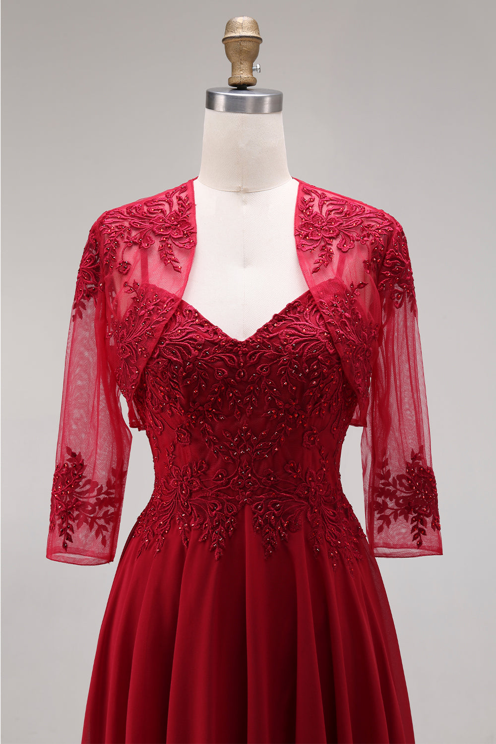 Appliqued Burgundy A Line Floral Long Mother of the Bride Dress with Jacket
