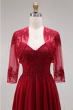 Appliqued Burgundy A Line Floral Long Mother of the Bride Dress with Jacket