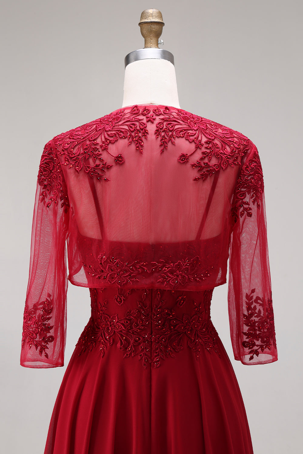 Appliqued Burgundy A Line Floral Long Mother of the Bride Dress with Jacket