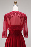 Appliqued Burgundy A Line Floral Long Mother of the Bride Dress with Jacket