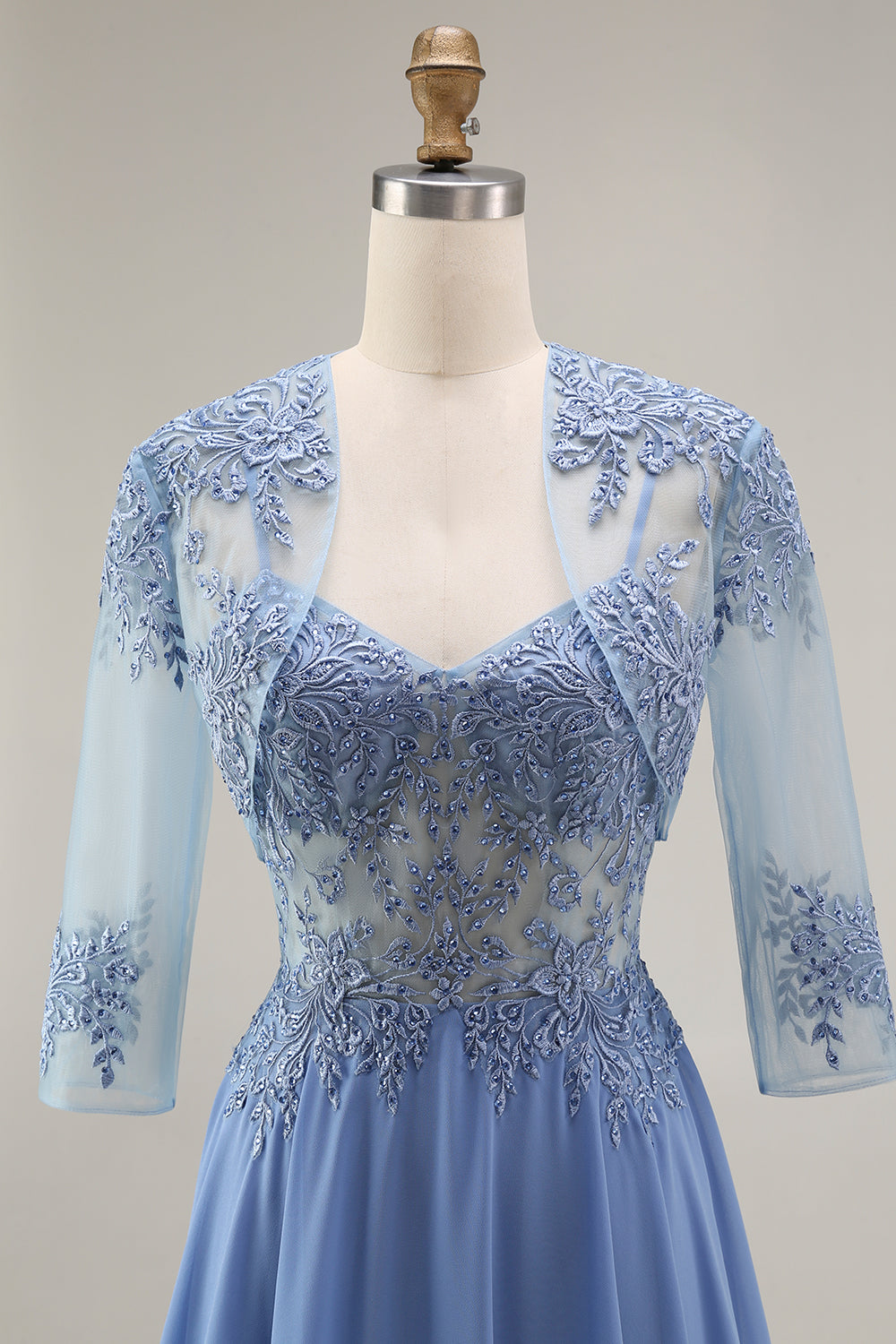 Steel Blue Appliqued A Line Floral Long Mother of the Bride Dress with Jacket
