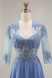 Steel Blue Appliqued A Line Floral Long Mother of the Bride Dress with Jacket