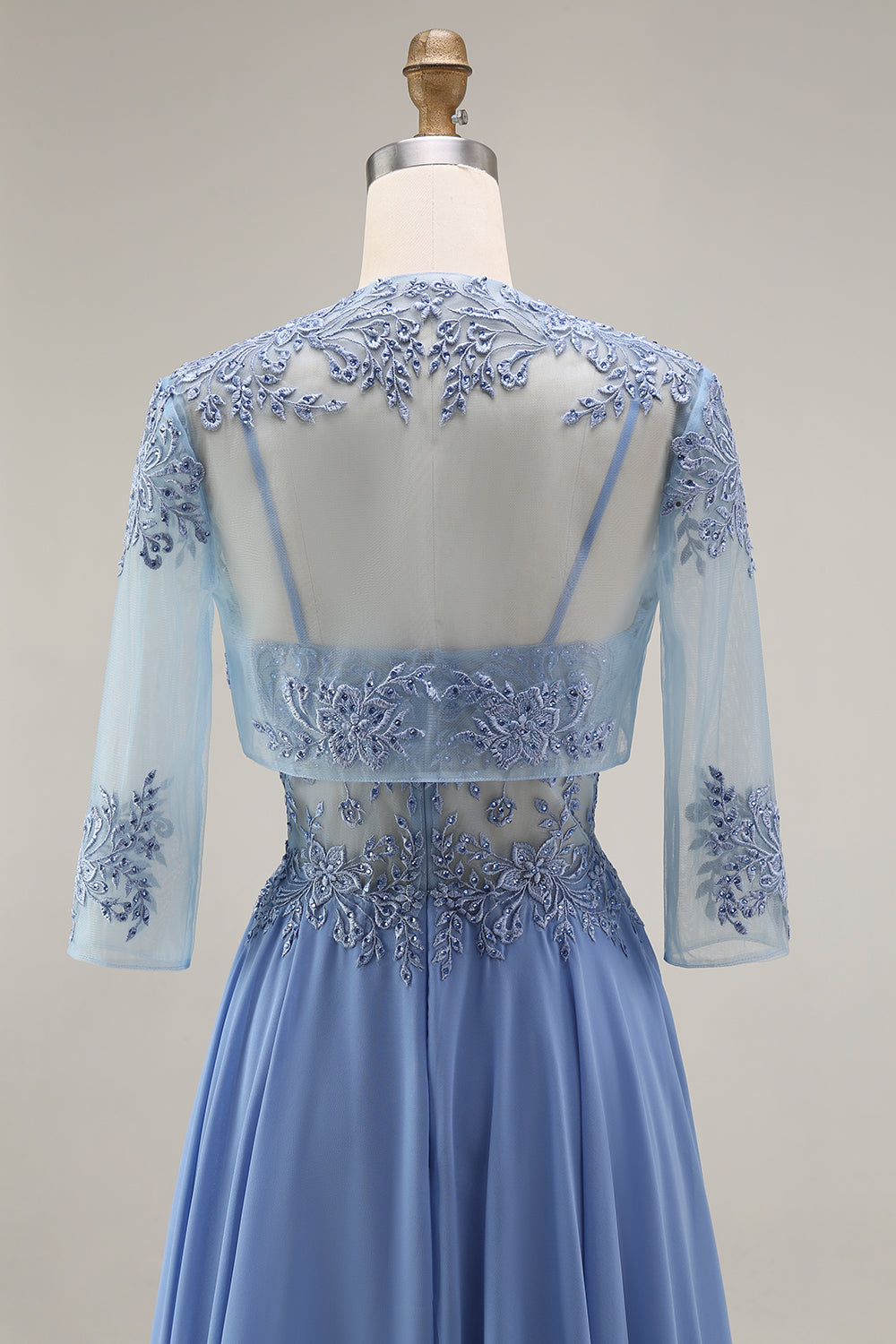 Steel Blue Appliqued A Line Floral Long Mother of the Bride Dress with Jacket
