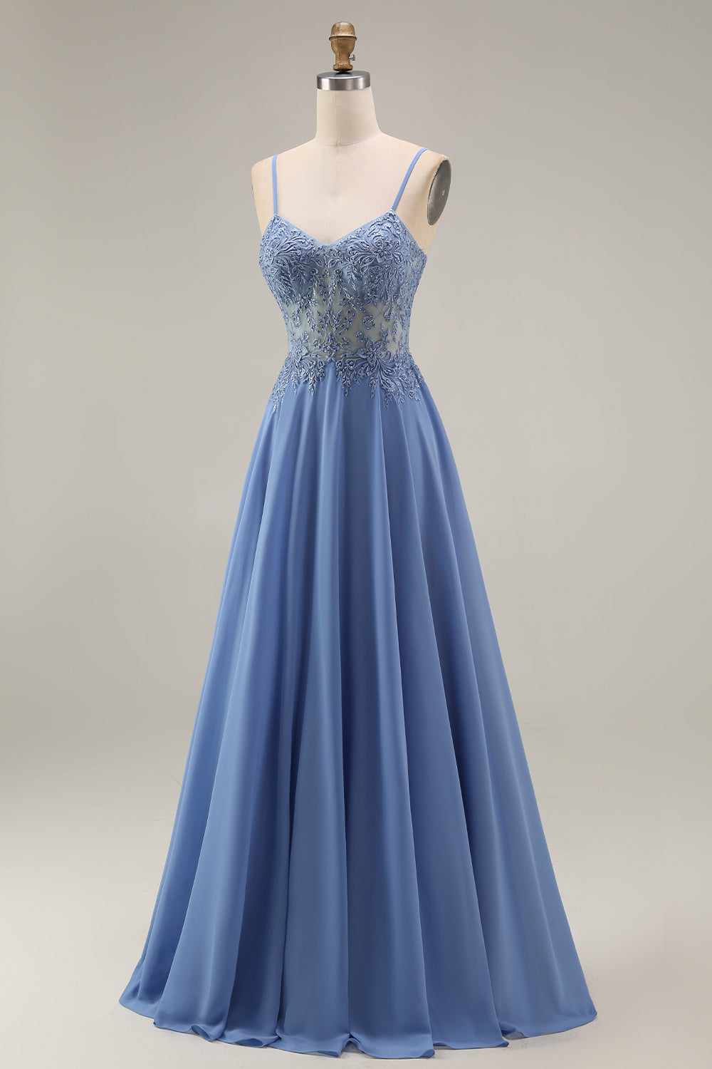 Steel Blue Appliqued A Line Floral Long Mother of the Bride Dress with Jacket
