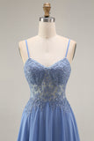 Steel Blue Appliqued A Line Floral Long Mother of the Bride Dress with Jacket