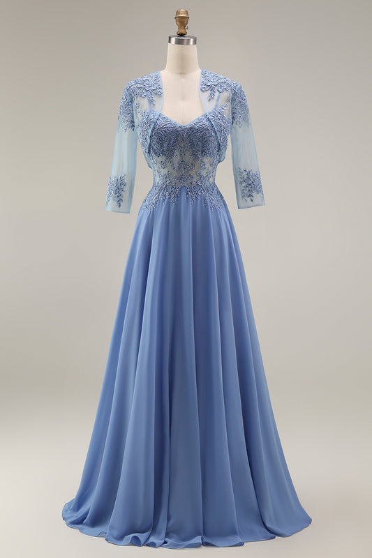 Steel Blue Appliqued A Line Floral Long Mother of the Bride Dress with Jacket