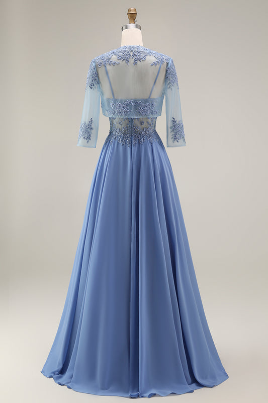 Steel Blue Appliqued A Line Floral Long Mother of the Bride Dress with Jacket
