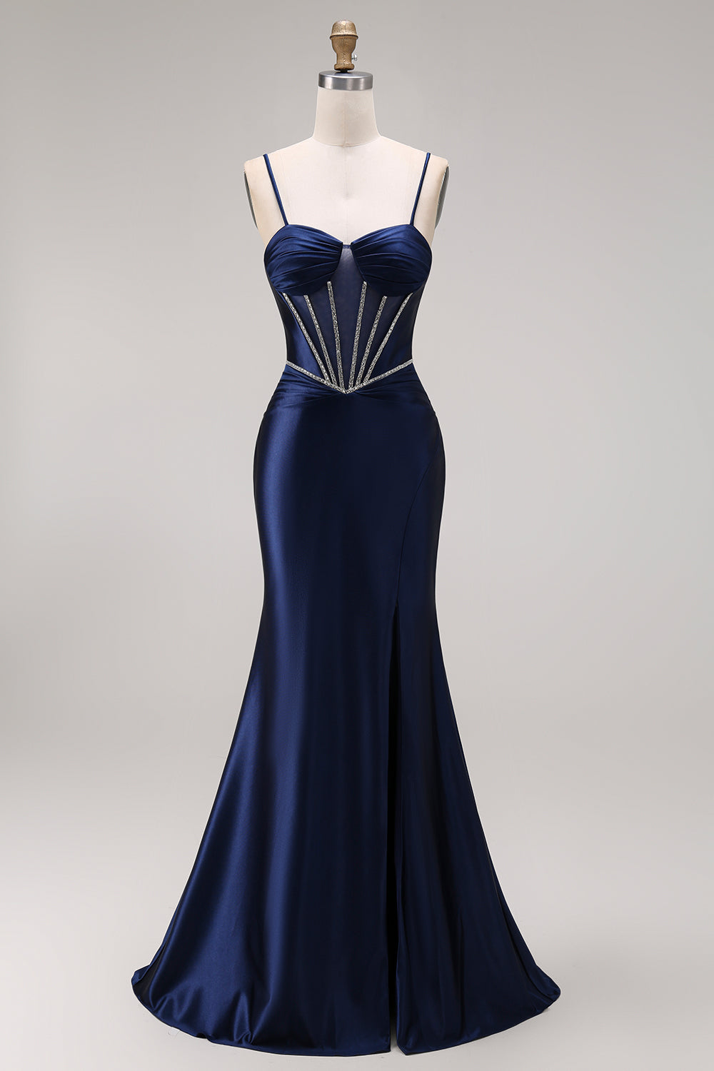 Corset Mermaid Beaded Navy Spaghetti Straps Long Prom Dress with Slit