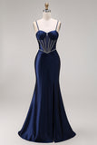 Corset Mermaid Beaded Navy Spaghetti Straps Long Prom Dress with Slit