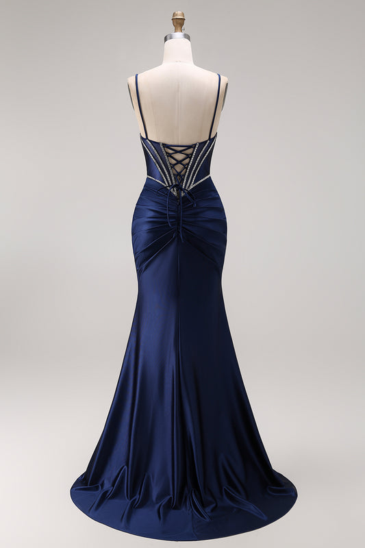 Corset Mermaid Beaded Navy Spaghetti Straps Long Prom Dress with Slit