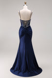 Corset Mermaid Beaded Navy Spaghetti Straps Long Prom Dress with Slit