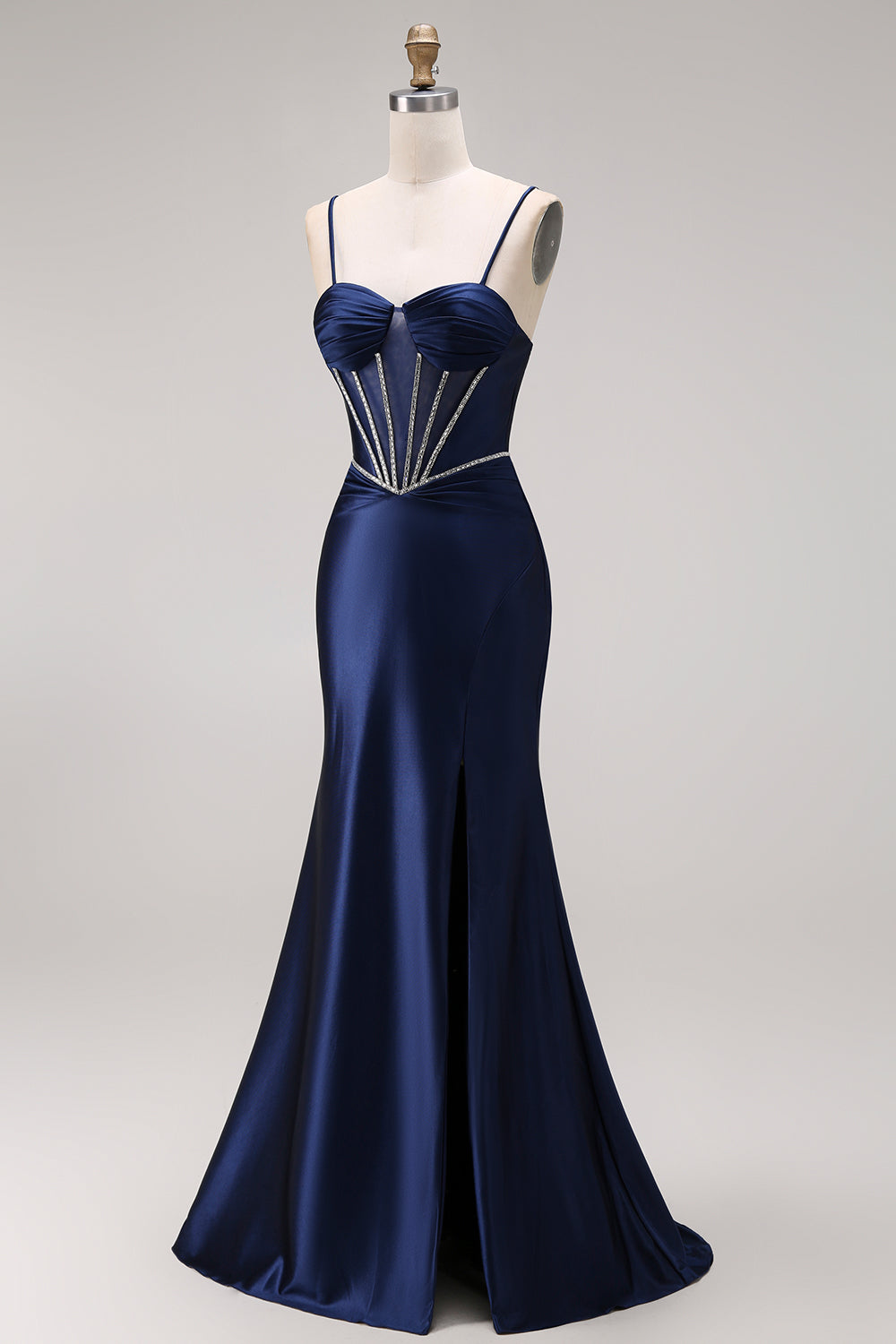 Corset Mermaid Beaded Navy Spaghetti Straps Long Prom Dress with Slit