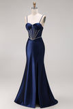 Corset Mermaid Beaded Navy Spaghetti Straps Long Prom Dress with Slit