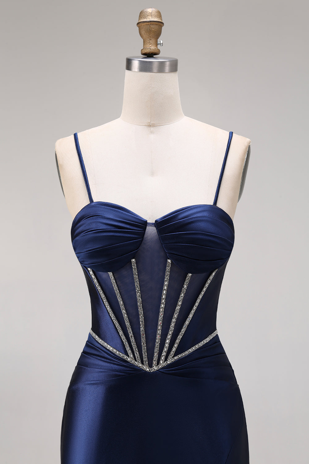 Corset Mermaid Beaded Navy Spaghetti Straps Long Prom Dress with Slit