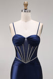 Corset Mermaid Beaded Navy Spaghetti Straps Long Prom Dress with Slit