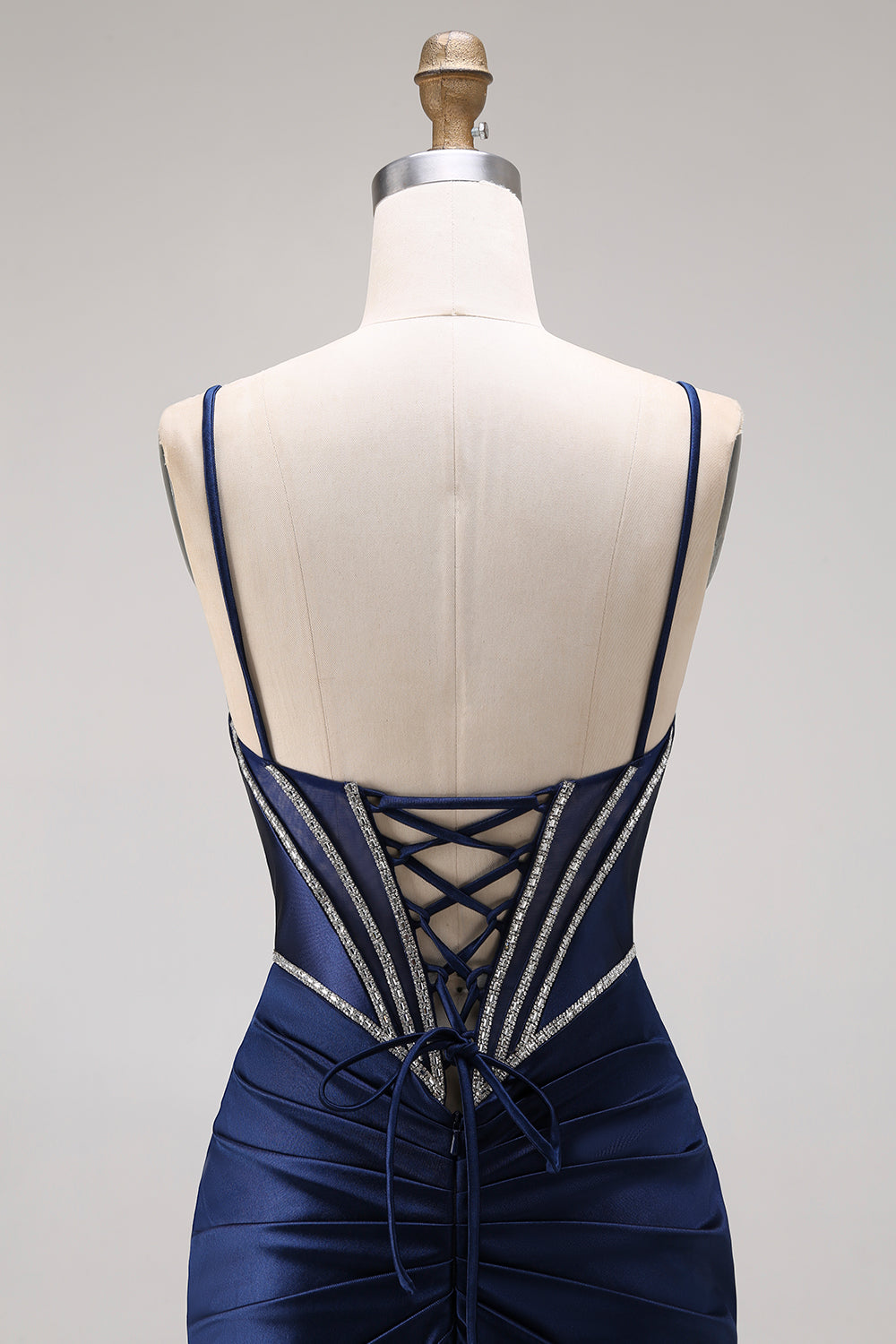 Corset Mermaid Beaded Navy Spaghetti Straps Long Prom Dress with Slit