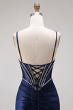 Corset Mermaid Beaded Navy Spaghetti Straps Long Prom Dress with Slit