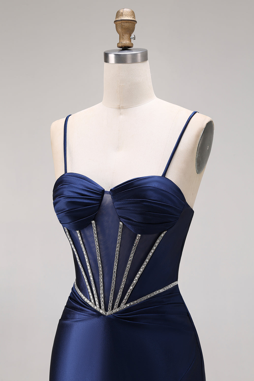 Corset Mermaid Beaded Navy Spaghetti Straps Long Prom Dress with Slit