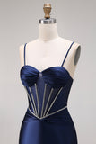 Corset Mermaid Beaded Navy Spaghetti Straps Long Prom Dress with Slit