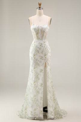 White Green Flower Corset Mermaid Spaghetti Straps Long Prom Dress with Slit