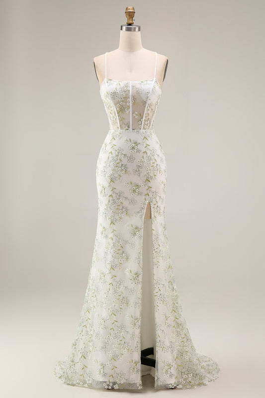 White Green Flower Corset Mermaid Spaghetti Straps Long Prom Dress with Slit