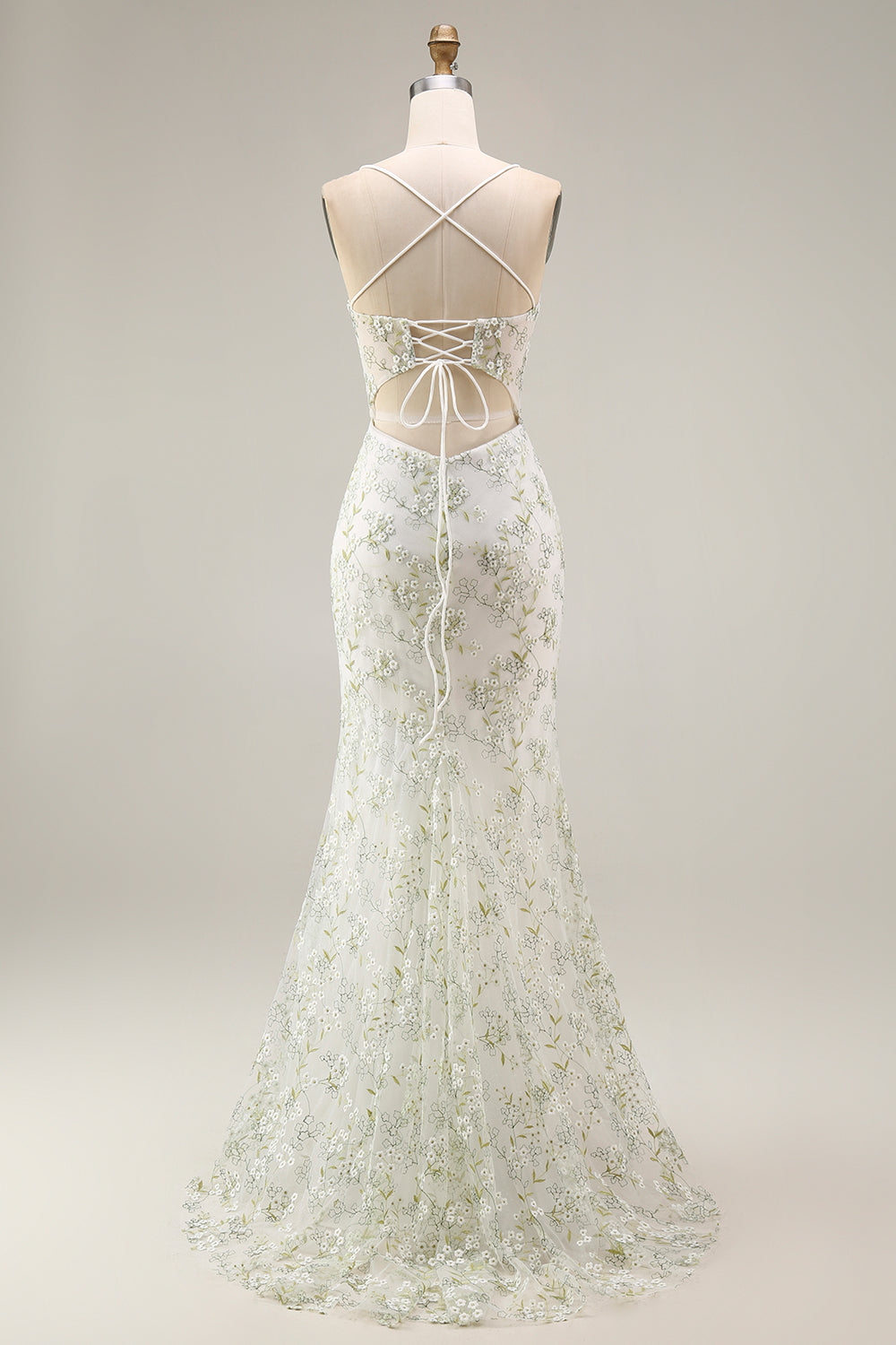 White Green Flower Corset Mermaid Spaghetti Straps Long Prom Dress with Slit
