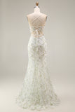 White Green Flower Corset Mermaid Spaghetti Straps Long Prom Dress with Slit