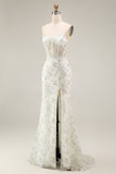 White Green Flower Corset Mermaid Spaghetti Straps Long Prom Dress with Slit