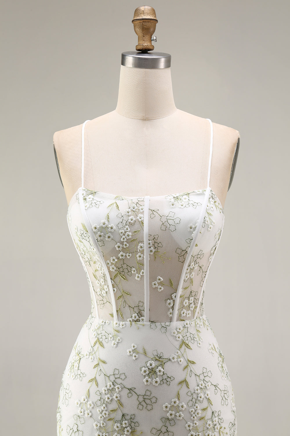 White Green Flower Corset Mermaid Spaghetti Straps Long Prom Dress with Slit