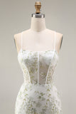 White Green Flower Corset Mermaid Spaghetti Straps Long Prom Dress with Slit