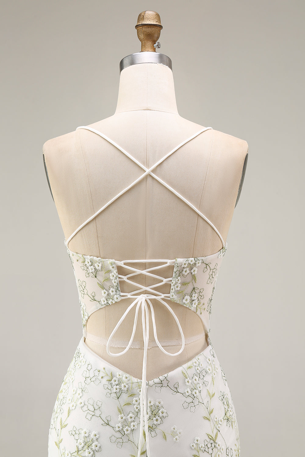 White Green Flower Corset Mermaid Spaghetti Straps Long Prom Dress with Slit