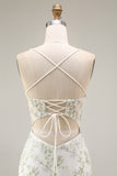 White Green Flower Corset Mermaid Spaghetti Straps Long Prom Dress with Slit