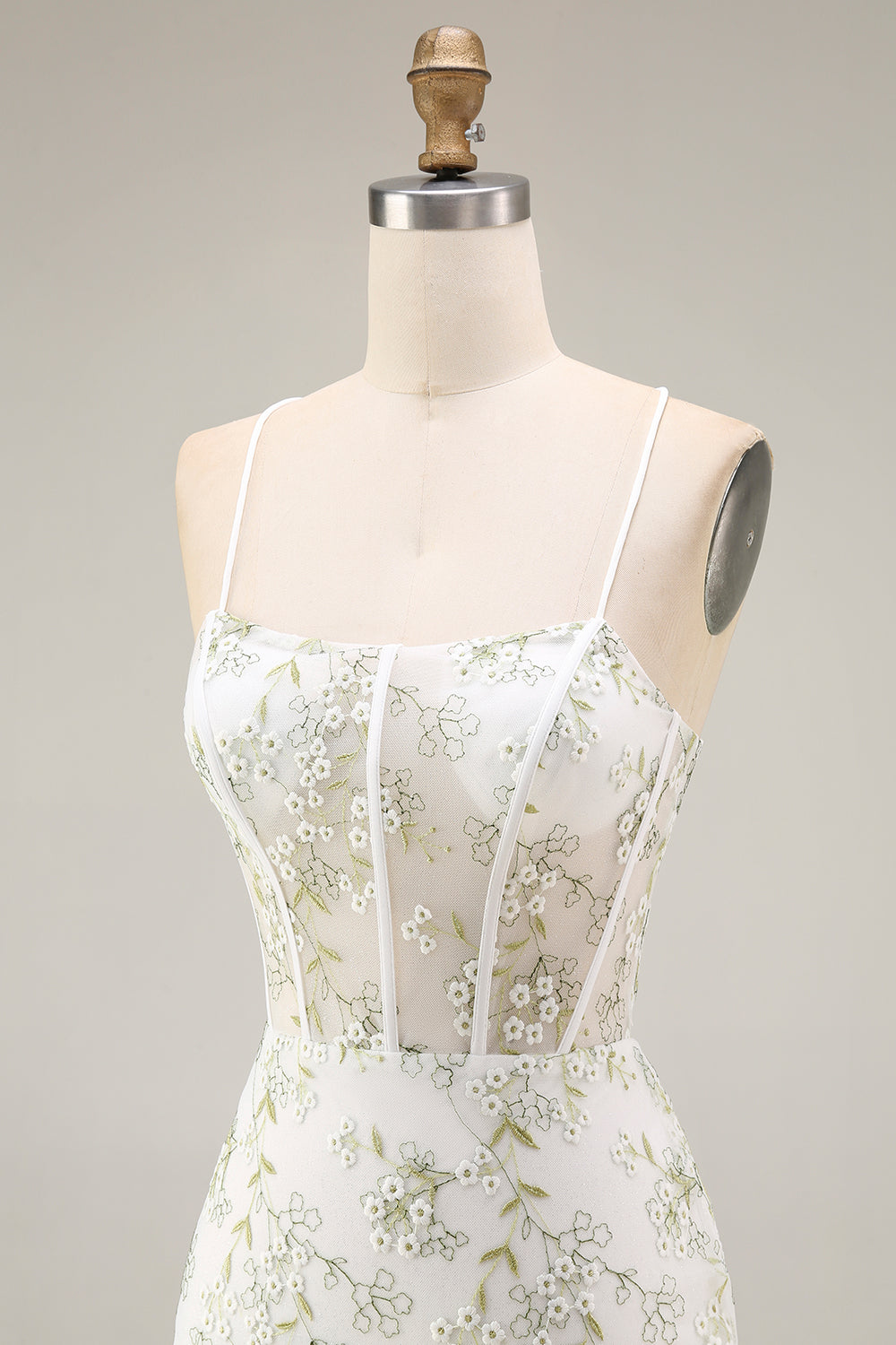 White Green Flower Corset Mermaid Spaghetti Straps Long Prom Dress with Slit