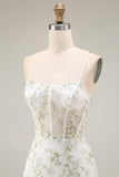 White Green Flower Corset Mermaid Spaghetti Straps Long Prom Dress with Slit