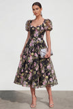 Black Pink Flower A Line Puff Sleeves Maxi Wedding Guest Dress