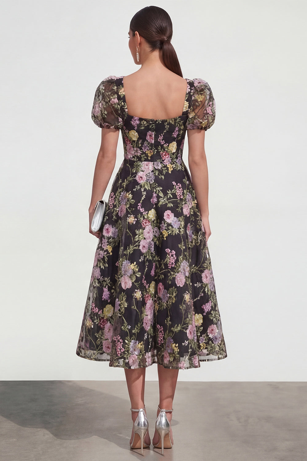 Black Pink Flower A Line Puff Sleeves Maxi Wedding Guest Dress