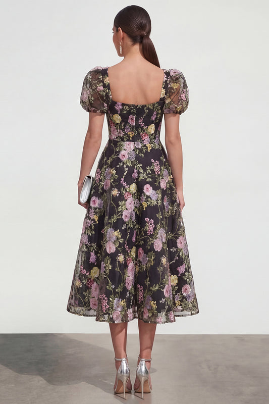 Black Pink Flower A Line Puff Sleeves Maxi Wedding Guest Dress