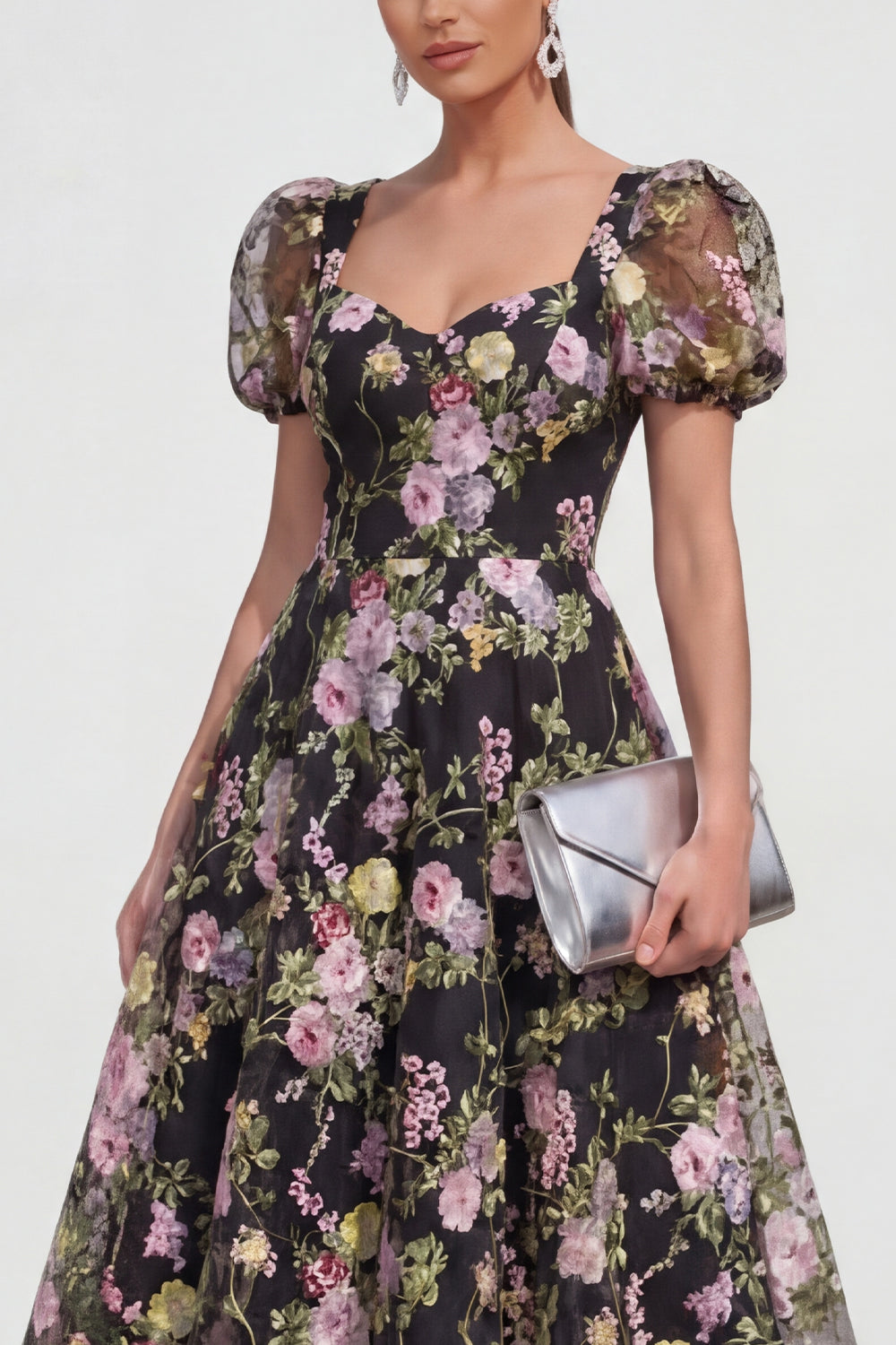 Black Pink Flower A Line Puff Sleeves Maxi Wedding Guest Dress