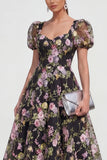 Black Pink Flower A Line Puff Sleeves Maxi Wedding Guest Dress