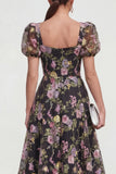 Black Pink Flower A Line Puff Sleeves Maxi Wedding Guest Dress