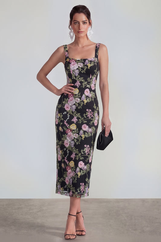Square Neck Black Pink Flower Bodycon Maxi Wedding Guest Dress