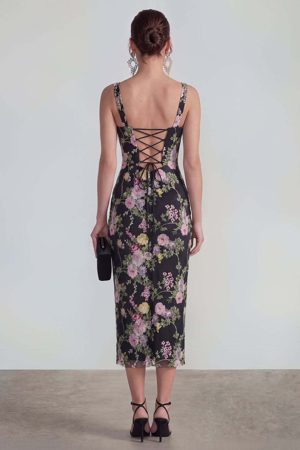 Square Neck Black Pink Flower Bodycon Maxi Wedding Guest Dress