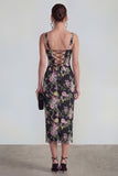 Square Neck Black Pink Flower Bodycon Maxi Wedding Guest Dress