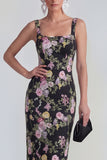 Square Neck Black Pink Flower Bodycon Maxi Wedding Guest Dress