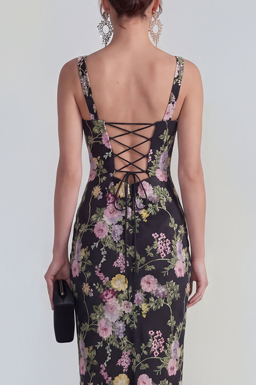 Square Neck Black Pink Flower Bodycon Maxi Wedding Guest Dress