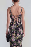 Square Neck Black Pink Flower Bodycon Maxi Wedding Guest Dress