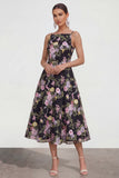 Spaghetti Straps Black Pink Flower A Line Maxi Wedding Guest Dress